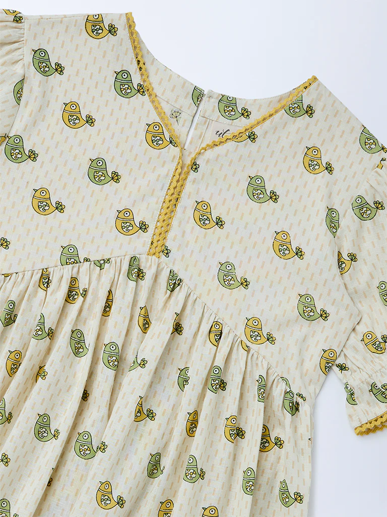 Utsa Kids Girls Off-White Printed Cotton Dress - (8-14 yrs) - Image 3