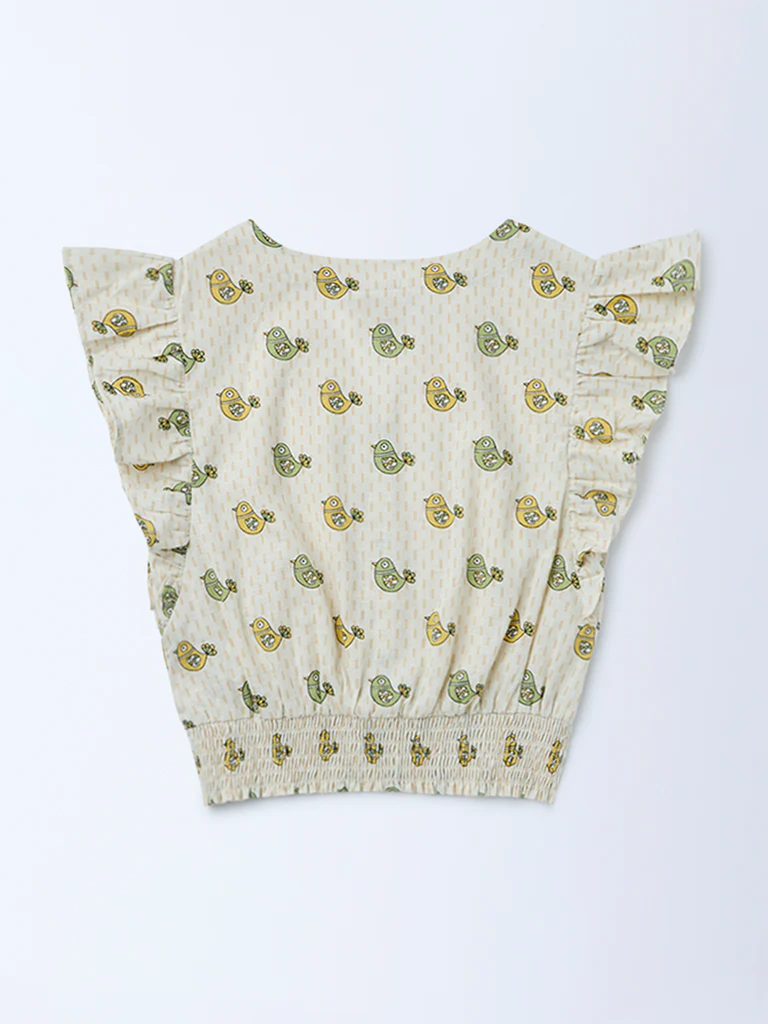 Utsa Kids Girls Off-White Printed Cotton Top - (8-14 yrs) - Image 2