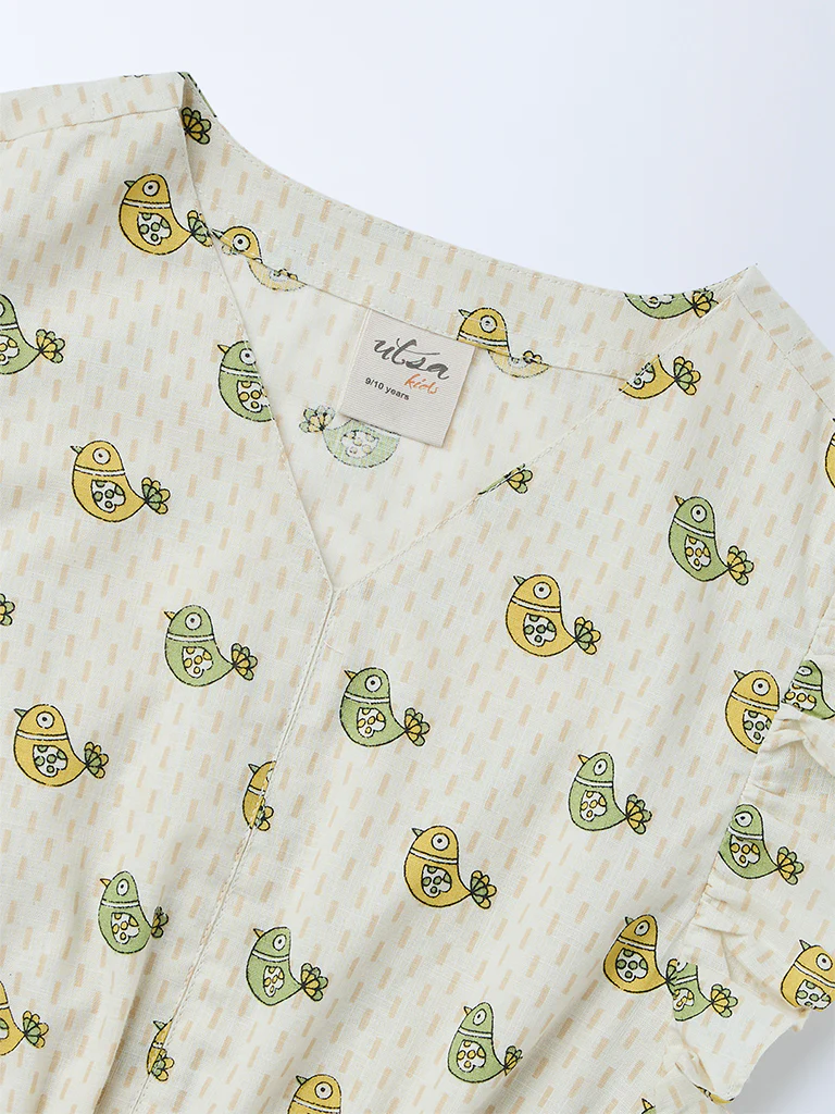 Utsa Kids Girls Off-White Printed Cotton Top - (8-14 yrs) - Image 3