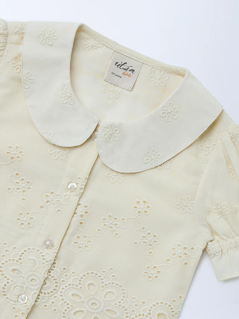 Utsa Kids Girls Off-White Schiffli Embroidered Cotton Top - (2-8 yrs) - Image 3