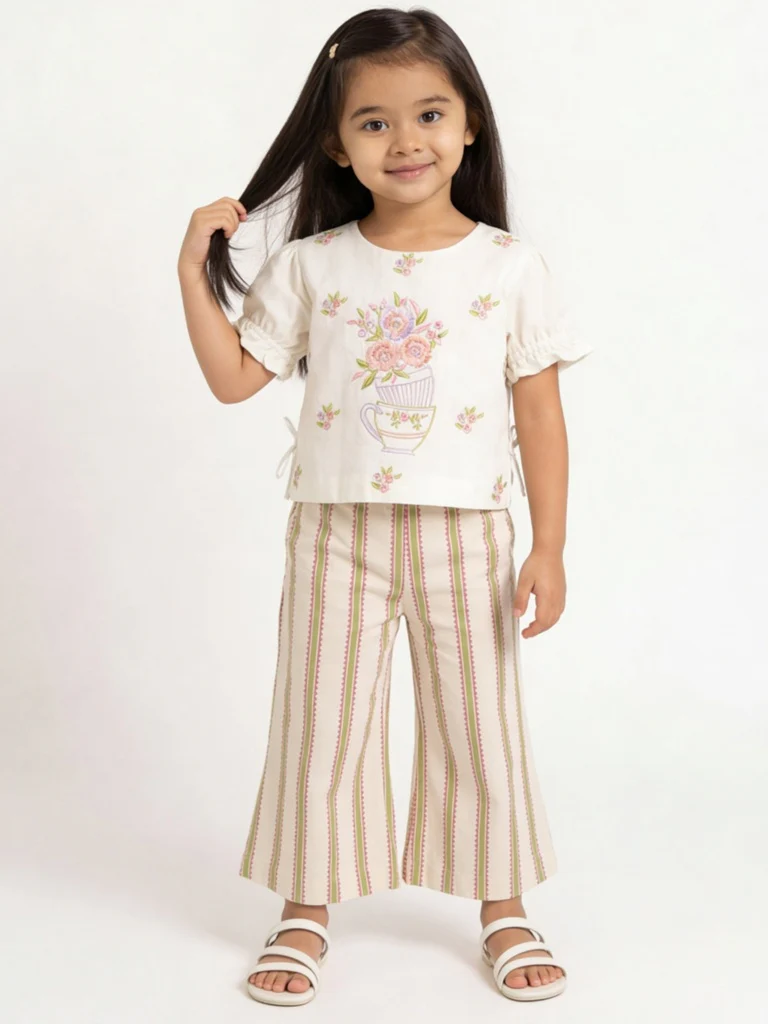 Utsa Kids Girls Off-White Striped High-Rise Cotton-Blend Pants - (2-8 yrs)