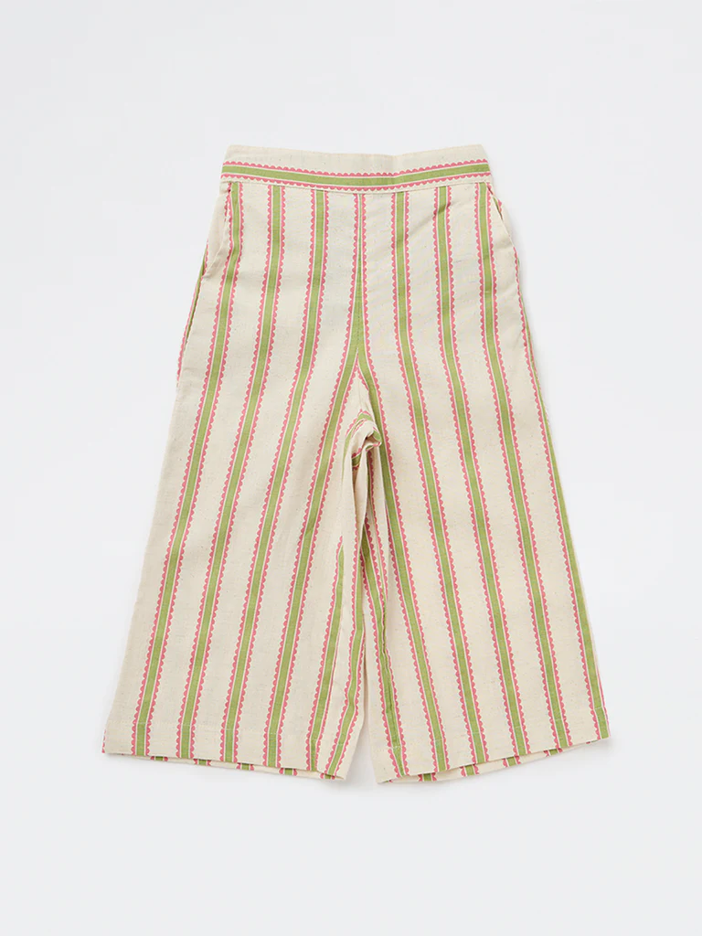 Utsa Kids Girls Off-White Striped High-Rise Cotton-Blend Pants - (2-8 yrs) - Image 3