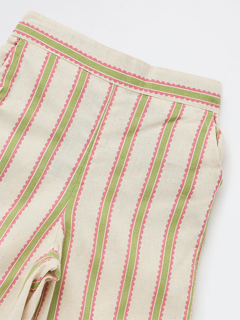 Utsa Kids Girls Off-White Striped High-Rise Cotton-Blend Pants - (2-8 yrs) - Image 5