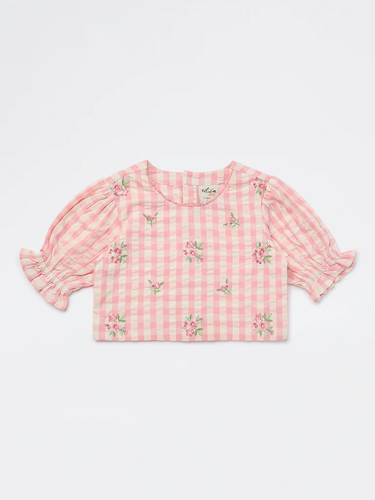 Utsa Kids Girls Pink Checkered Cotton Top - (2-8 yrs) - Image 3