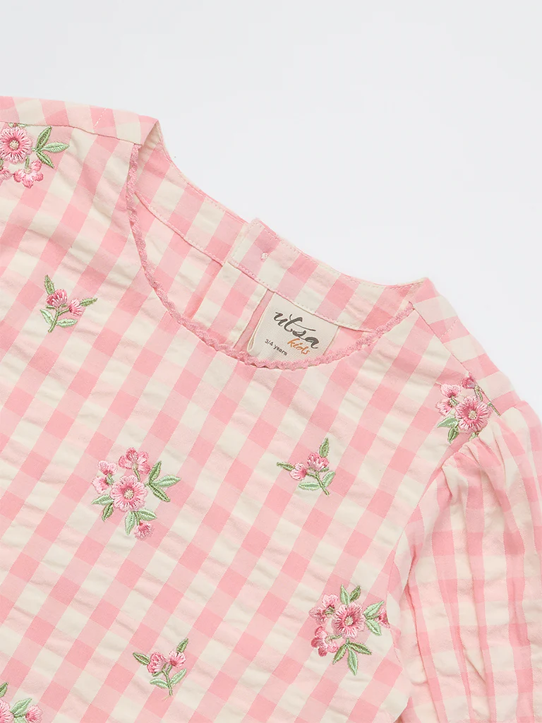 Utsa Kids Girls Pink Checkered Cotton Top - (2-8 yrs) - Image 5