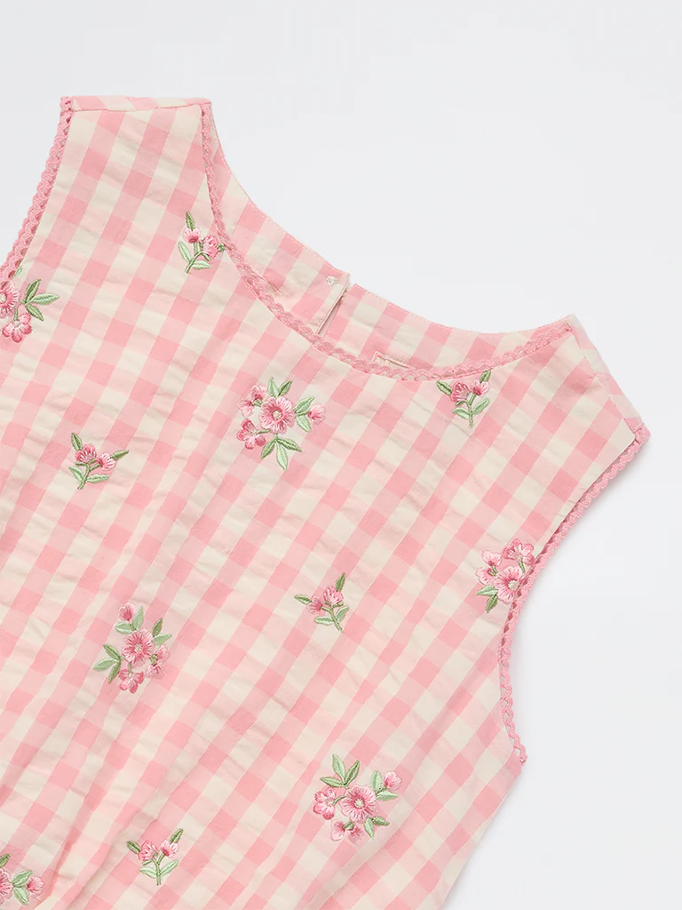 Utsa Kids Girls Pink Checkered Cotton Top - (8-14 yrs) - Image 3