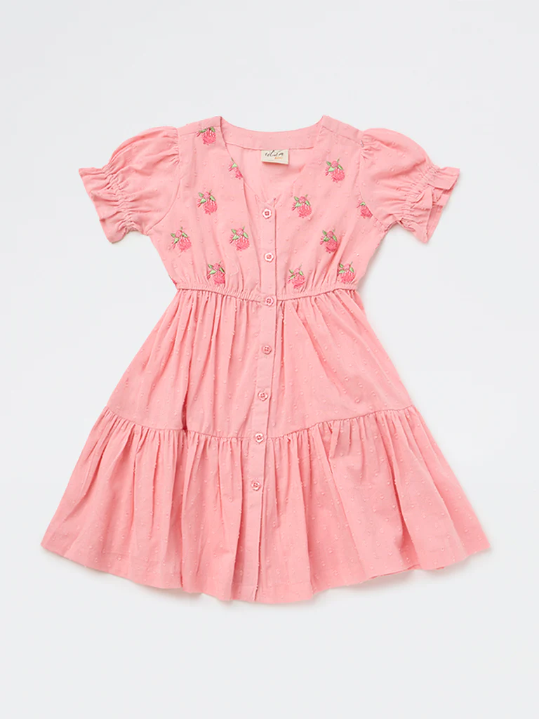 Utsa Kids Girls Pink Embroidered Cotton-Blend Tiered Dress - (2-8 yrs) - Image 3