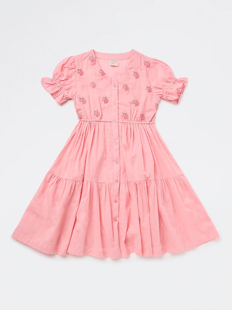 Utsa Kids Girls Pink Embroidered Cotton-Blend Tiered Dress - ( 8-14 yrs) - Image 3