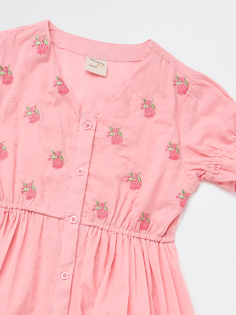 Utsa Kids Girls Pink Embroidered Cotton-Blend Tiered Dress - ( 8-14 yrs) - Image 5