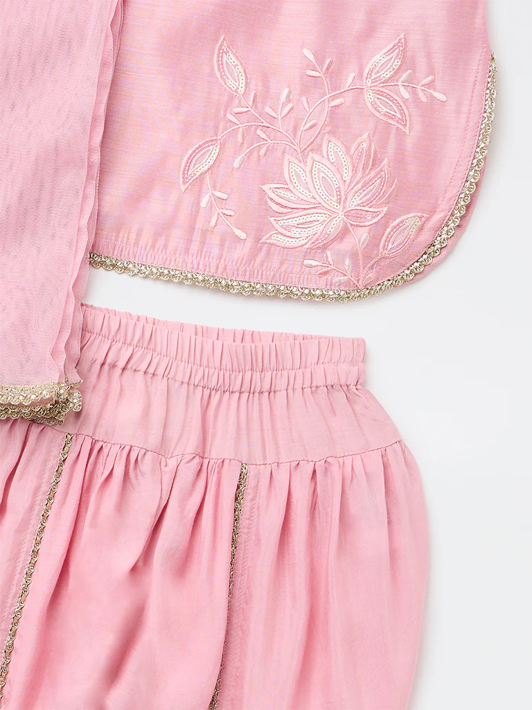 Utsa Kids Girls Pink Embroidered Top Dhoti Pants and Dupatta Set - (2-8 yrs) - Image 3