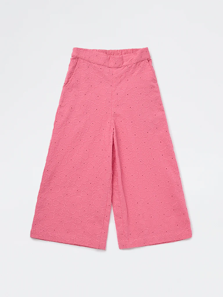 Utsa Kids Girls Pink Floral Embroidered Cotton Pants - (2-8 yrs) - Image 3