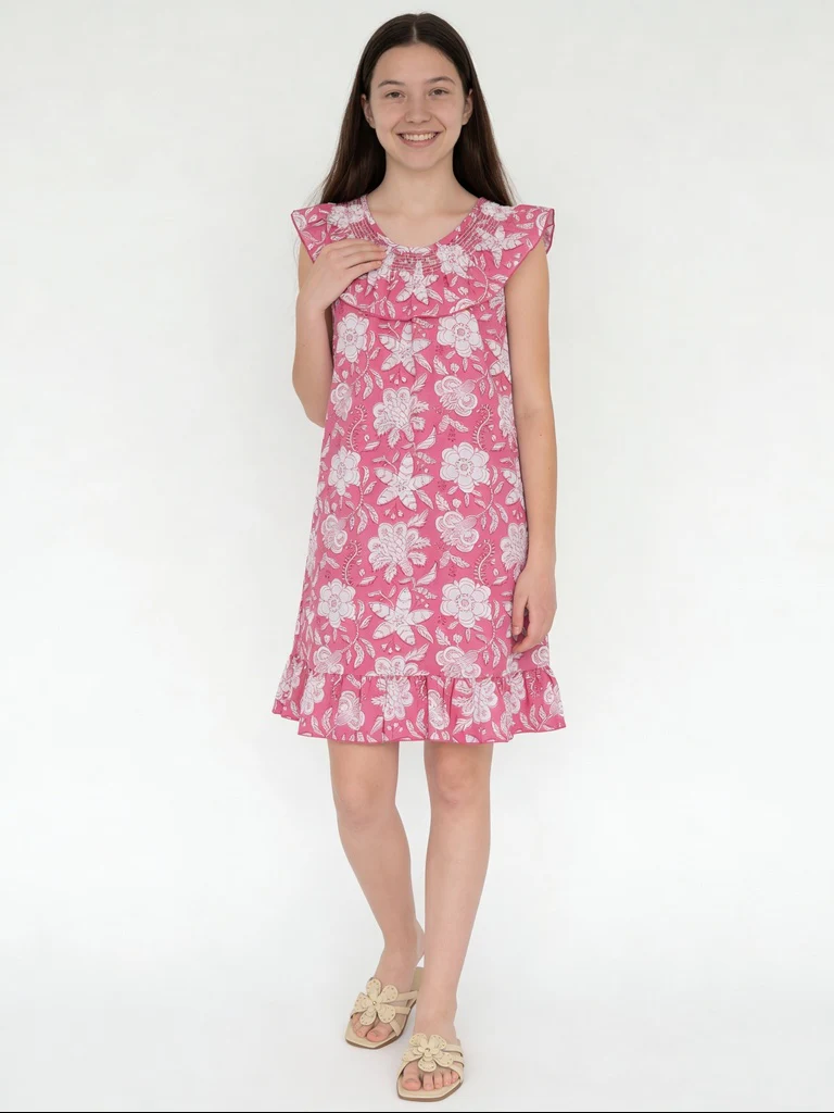 Utsa Kids Girls Pink Floral Flared Cotton Dress - (8-14 yrs)