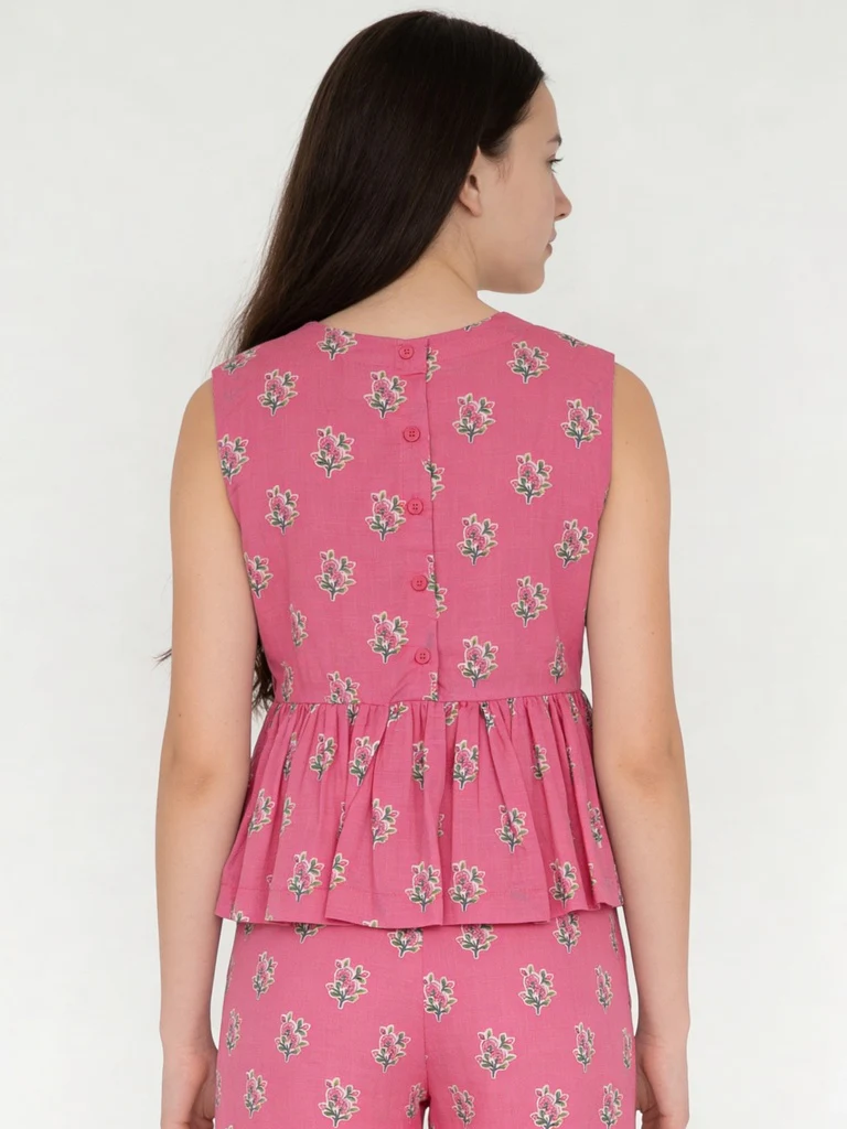 Utsa Kids Girls Pink Floral Flared Cotton Top - (8-14 yrs) - Image 2