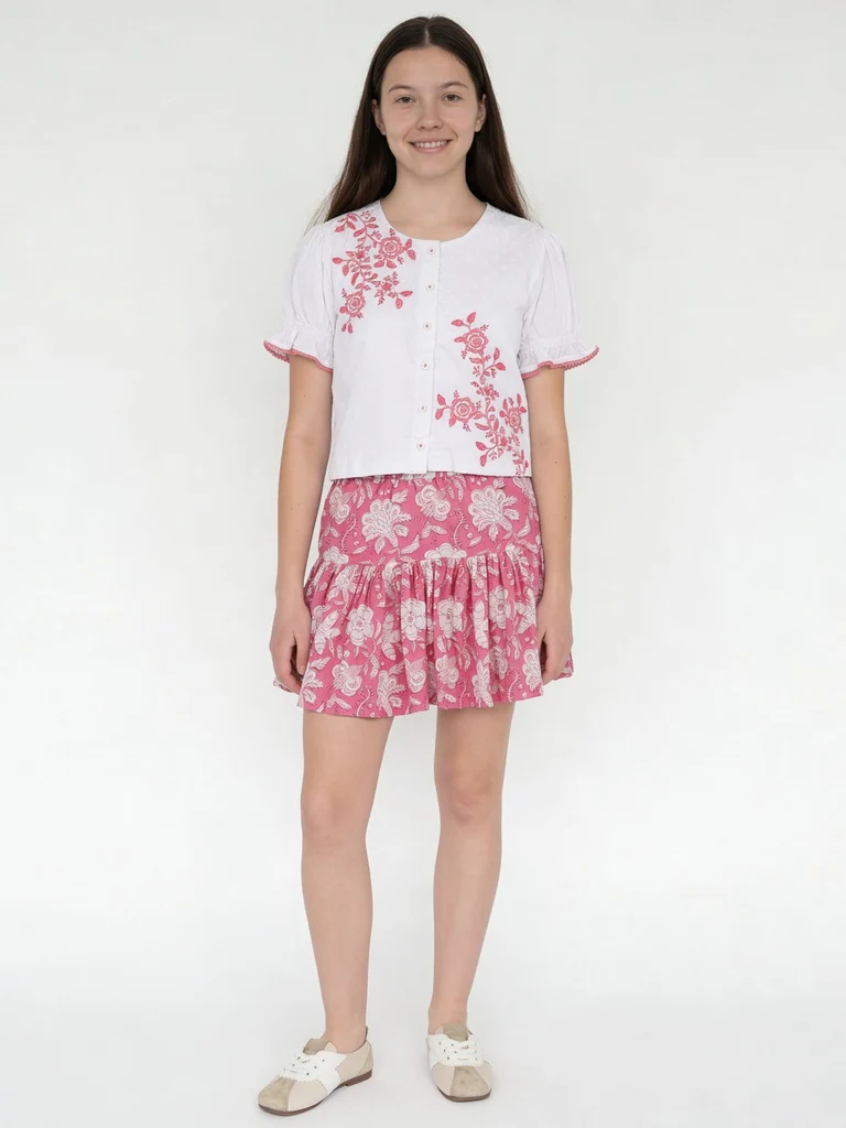 Utsa Kids Girls Pink Floral Print Flared Cotton Skirt - (8-14 yrs)