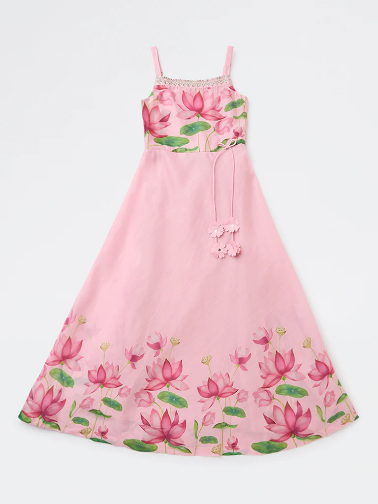 Utsa Kids Girls Pink Floral Printed A-Line Dress - (8-14 yrs)