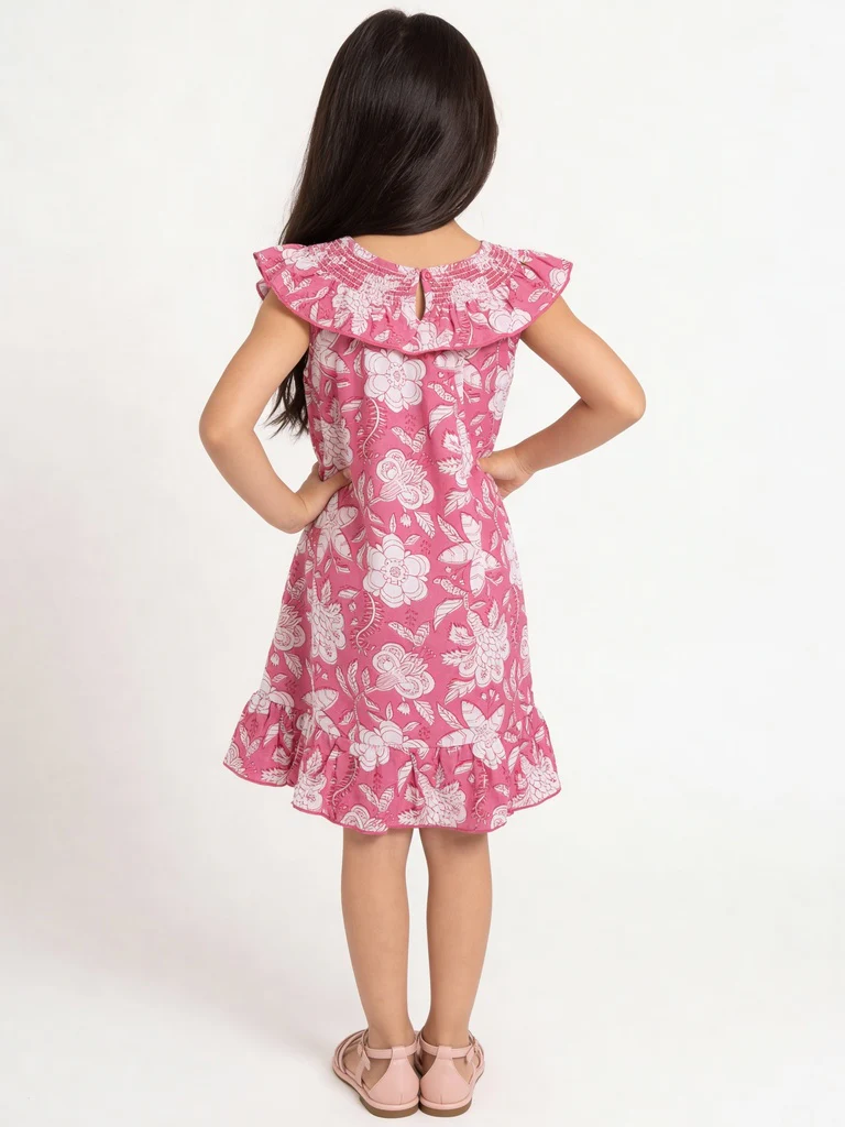 Utsa Kids Girls Pink Floral Printed Cotton Dress - (2-8 yrs) - Image 2