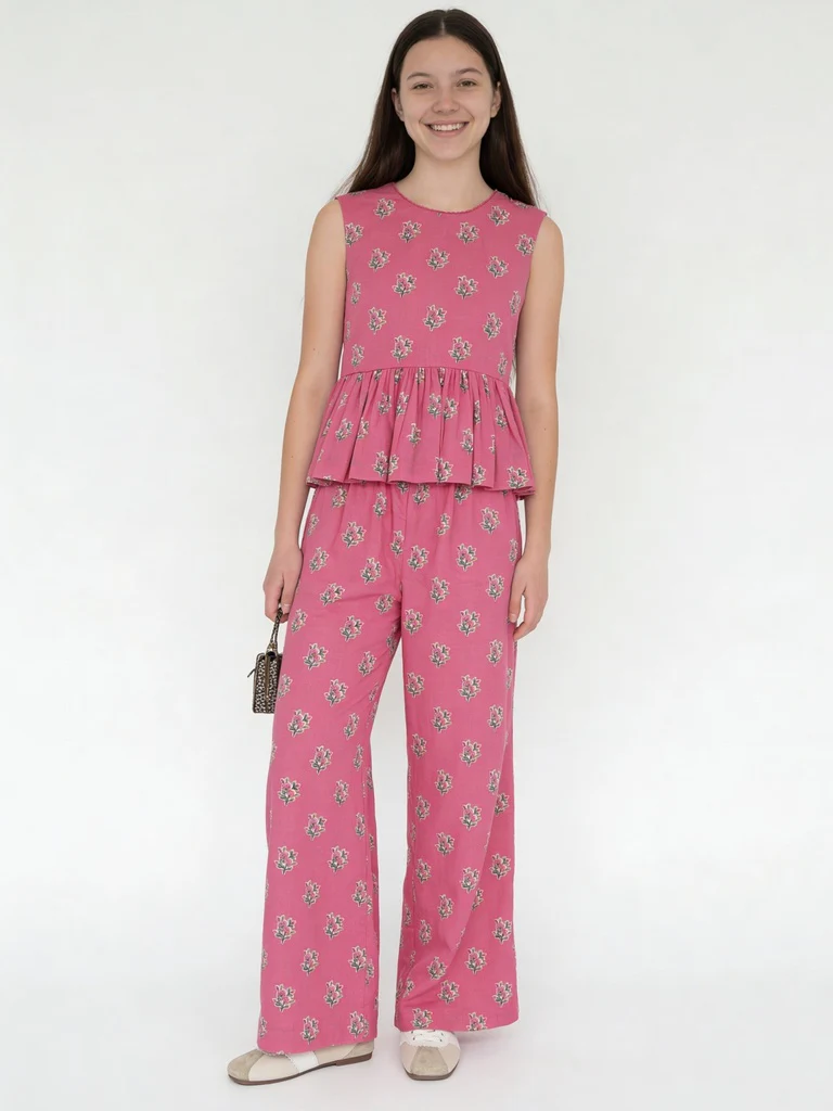 Utsa Kids Girls Pink Floral Printed Cotton Pants - (8-14 yrs)