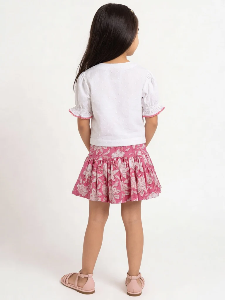 Utsa Kids Girls Pink Floral Printed Flared Cotton Skirt - (2-8 yrs) - Image 2