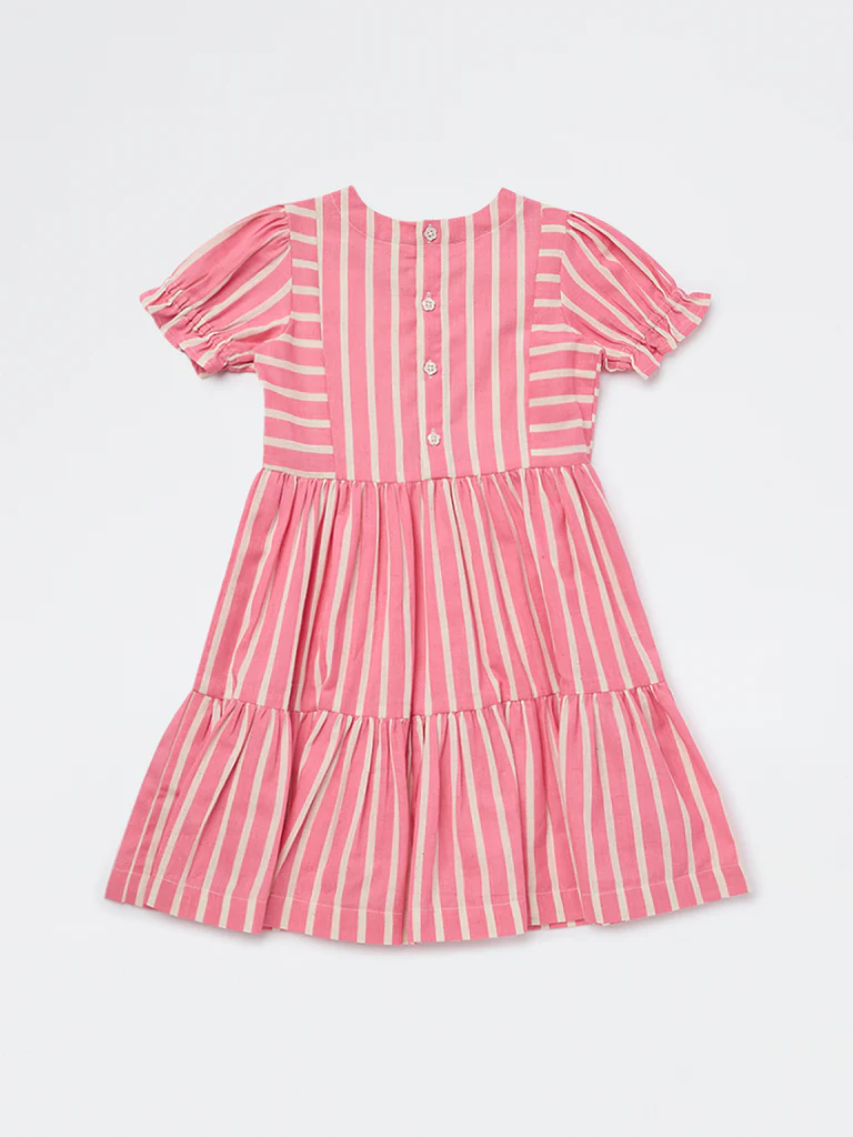 Utsa Kids Girls Pink Striped Tiered Cotton-Blend Dress - (2-8 yrs) - Image 4