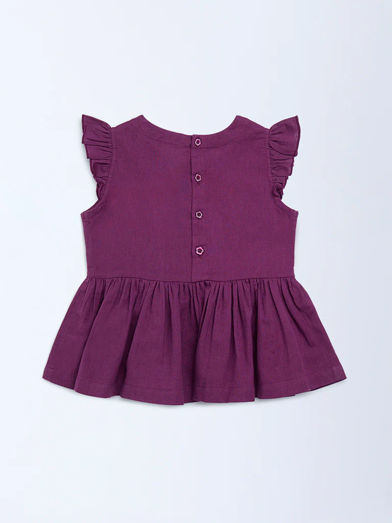Utsa Kids Girls Purple Floral Embroidered Cotton-Blend Peplum Top (2-8 yrs) - Image 2