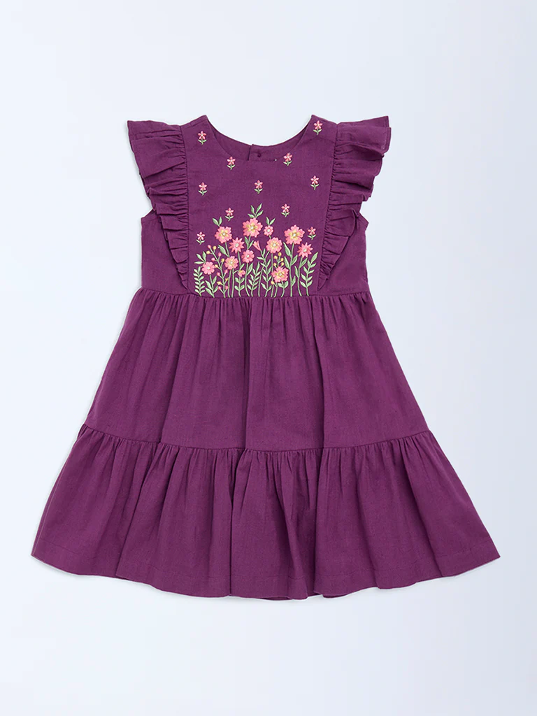 Utsa Kids Girls Purple Floral Embroidered Tiered Cotton-Blend Dress - (2-8 yrs)