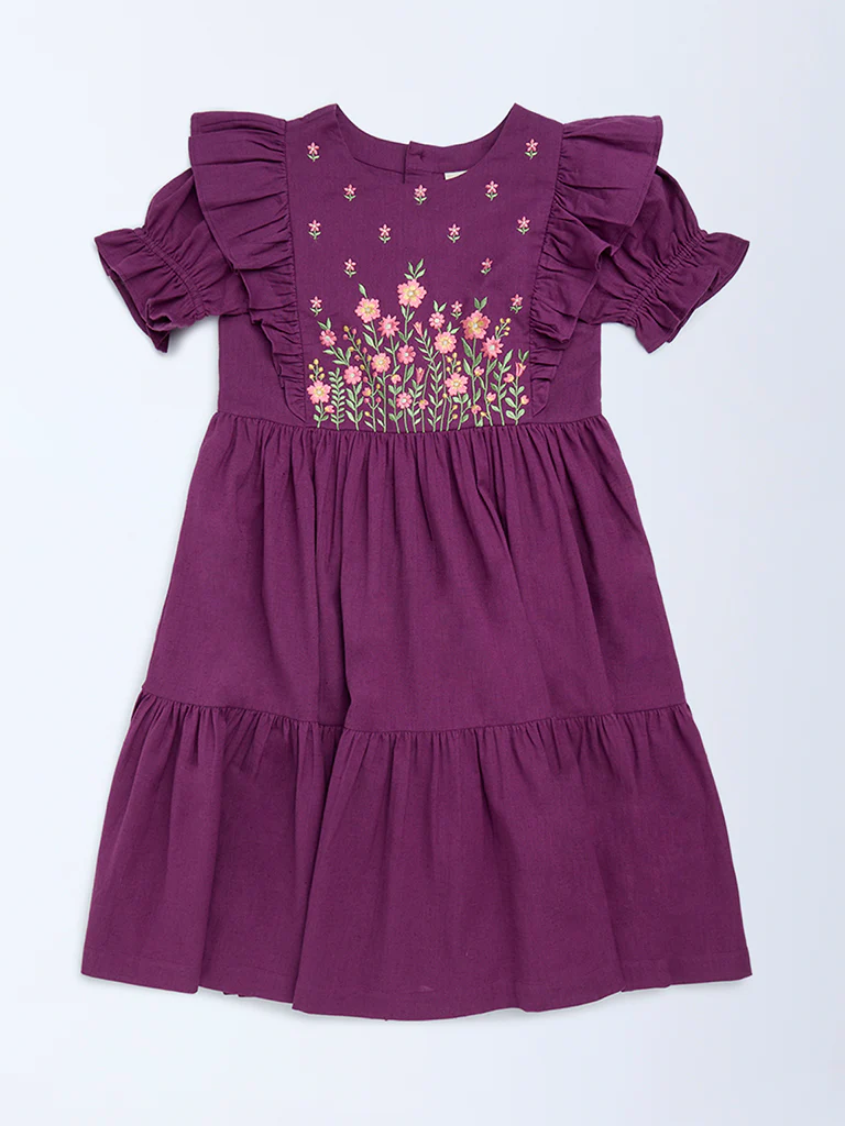 Utsa Kids Girls Purple Floral Embroidered Tiered Cotton-Blend Dress - (8-14 yrs)