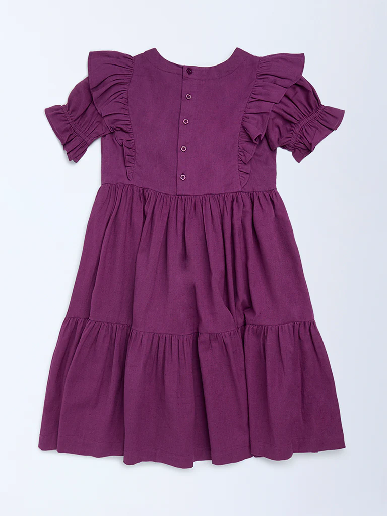 Utsa Kids Girls Purple Floral Embroidered Tiered Cotton-Blend Dress - (8-14 yrs) - Image 2