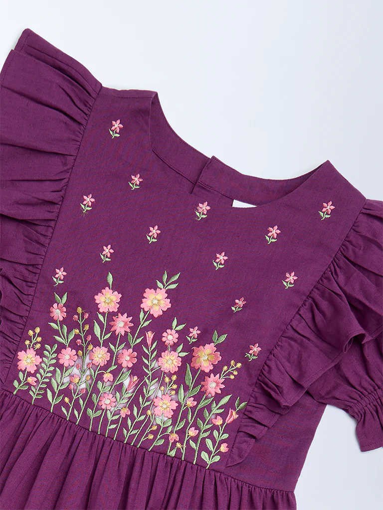 Utsa Kids Girls Purple Floral Embroidered Tiered Cotton-Blend Dress - (8-14 yrs) - Image 3
