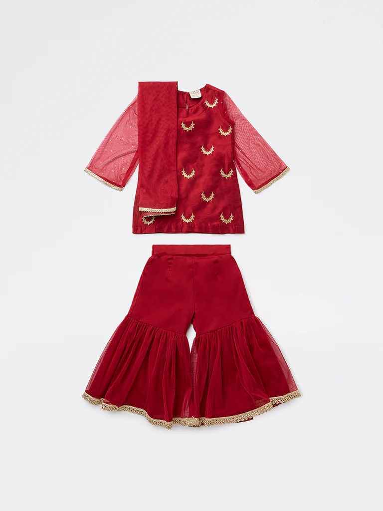Utsa Kids Girls Red Embroidered Shara Ethnic Set - (2-8 yrs) - Image 3