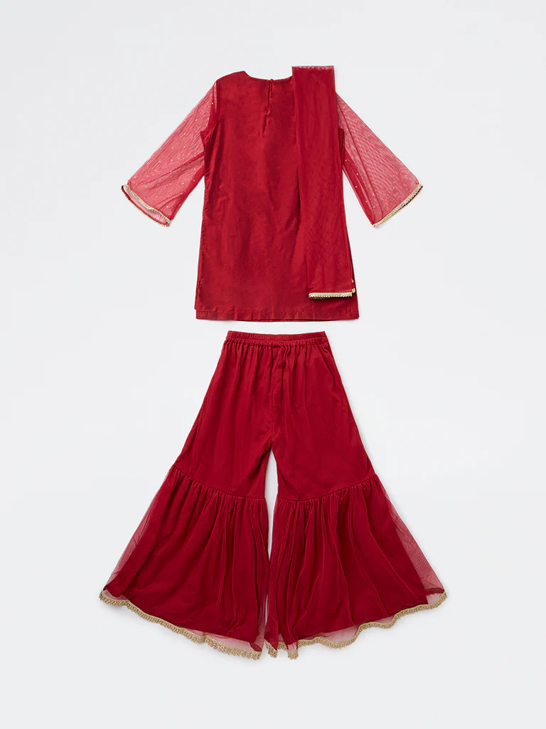 Utsa Kids Girls Red Embroidered Shara Ethnic Set - (8-14 yrs) - Image 2