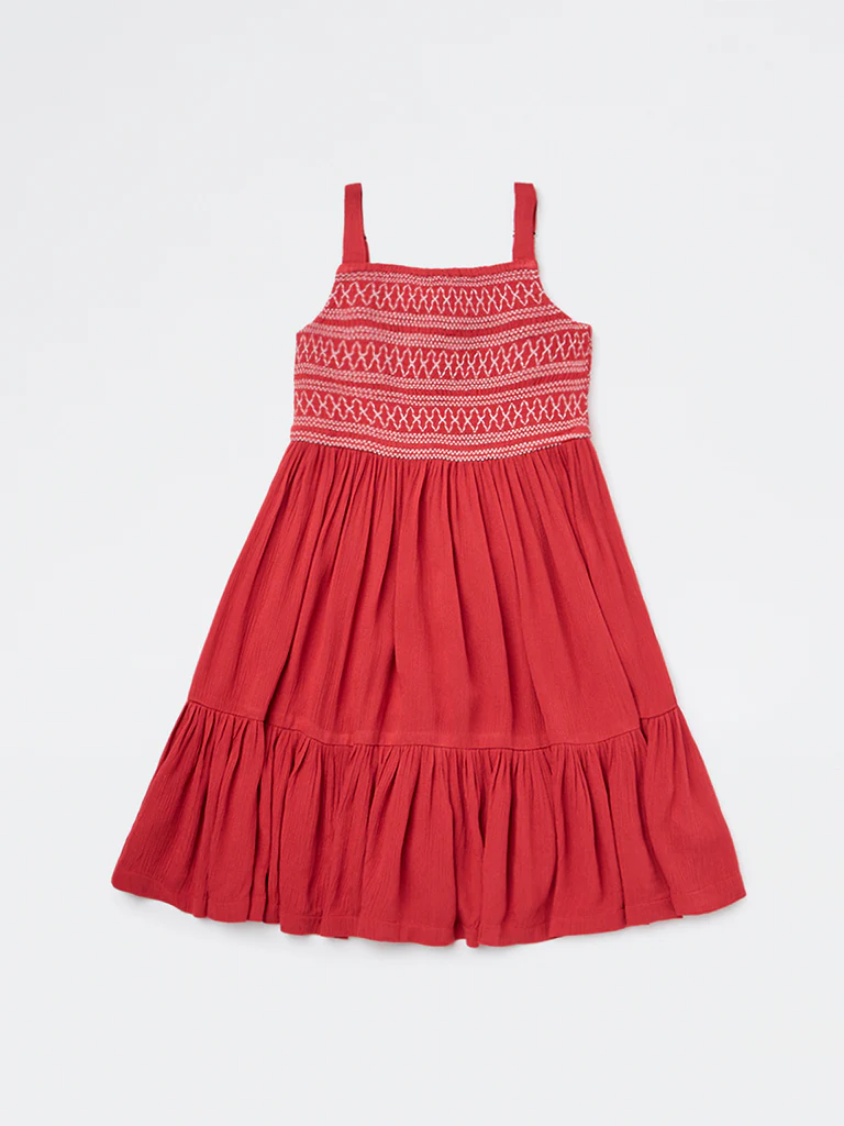 Utsa Kids Girls Red Embroidered Tiered Dress - (2-8 yrs) - Image 3