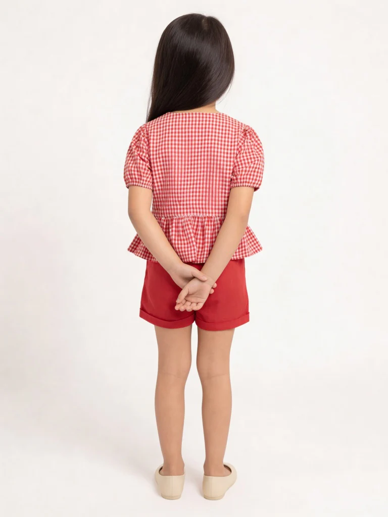 Utsa Kids Girls Red Gingham Check Cotton Peplum Top - (2-8 yrs) - Image 2