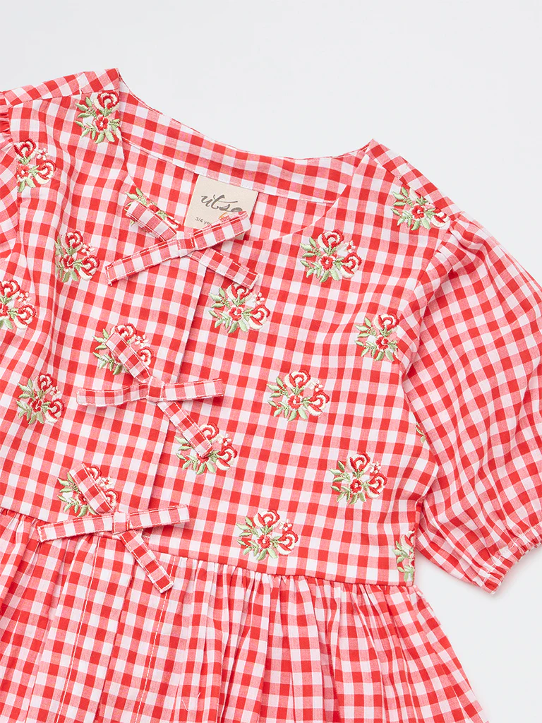 Utsa Kids Girls Red Gingham Check Cotton Peplum Top - (2-8 yrs) - Image 5