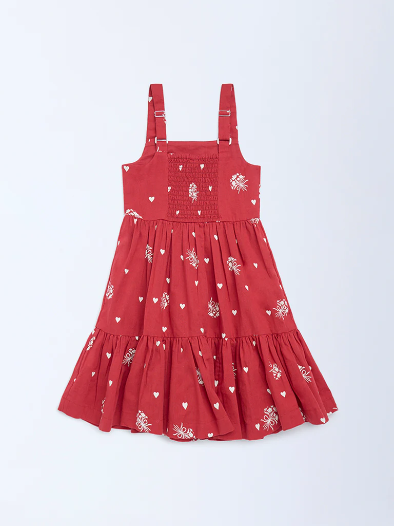Utsa Kids Girls Red Printed A-Line Cotton-Blend Dress - (2-8 yrs) - Image 2