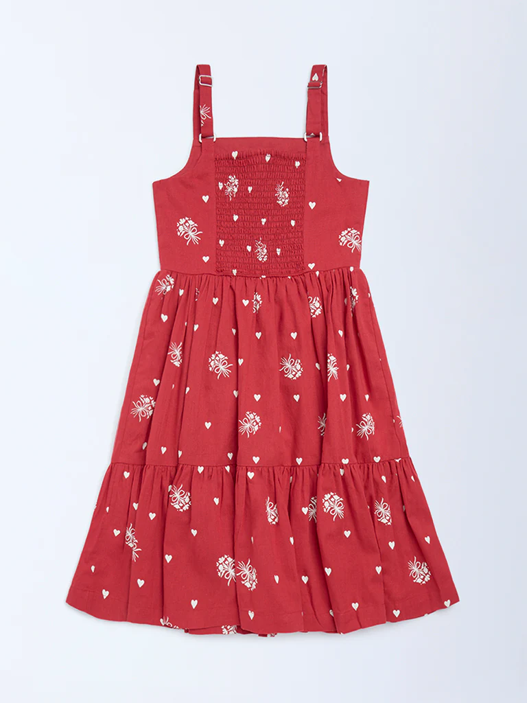 Utsa Kids Girls Red Printed A-Line Cotton-Blend Dress - (8-14 yrs) - Image 2