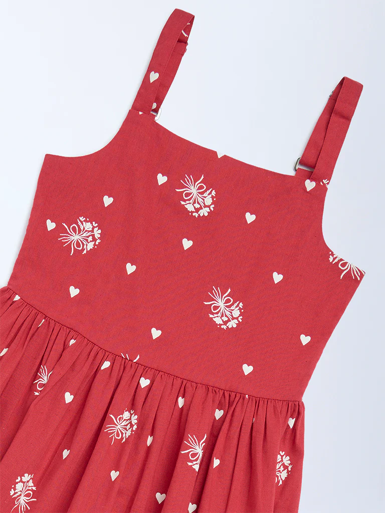 Utsa Kids Girls Red Printed A-Line Cotton-Blend Dress - (8-14 yrs) - Image 3