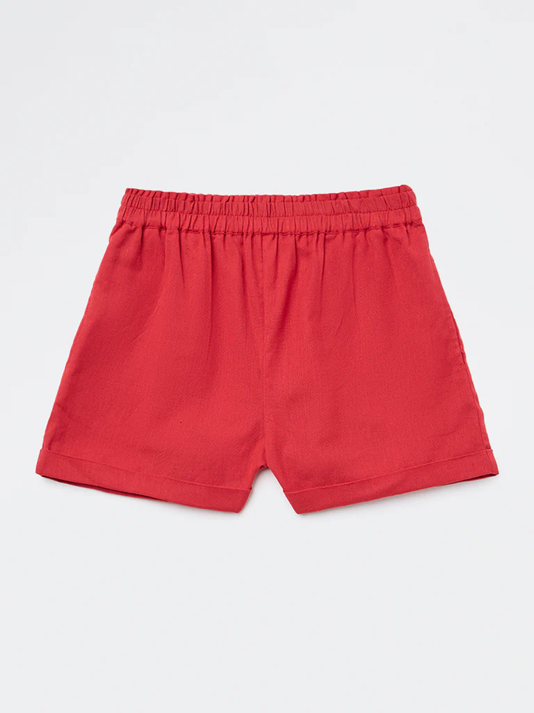 Utsa Kids Girls Red Solid High-Rise Cotton-Blend Shorts - (8-14 yrs)