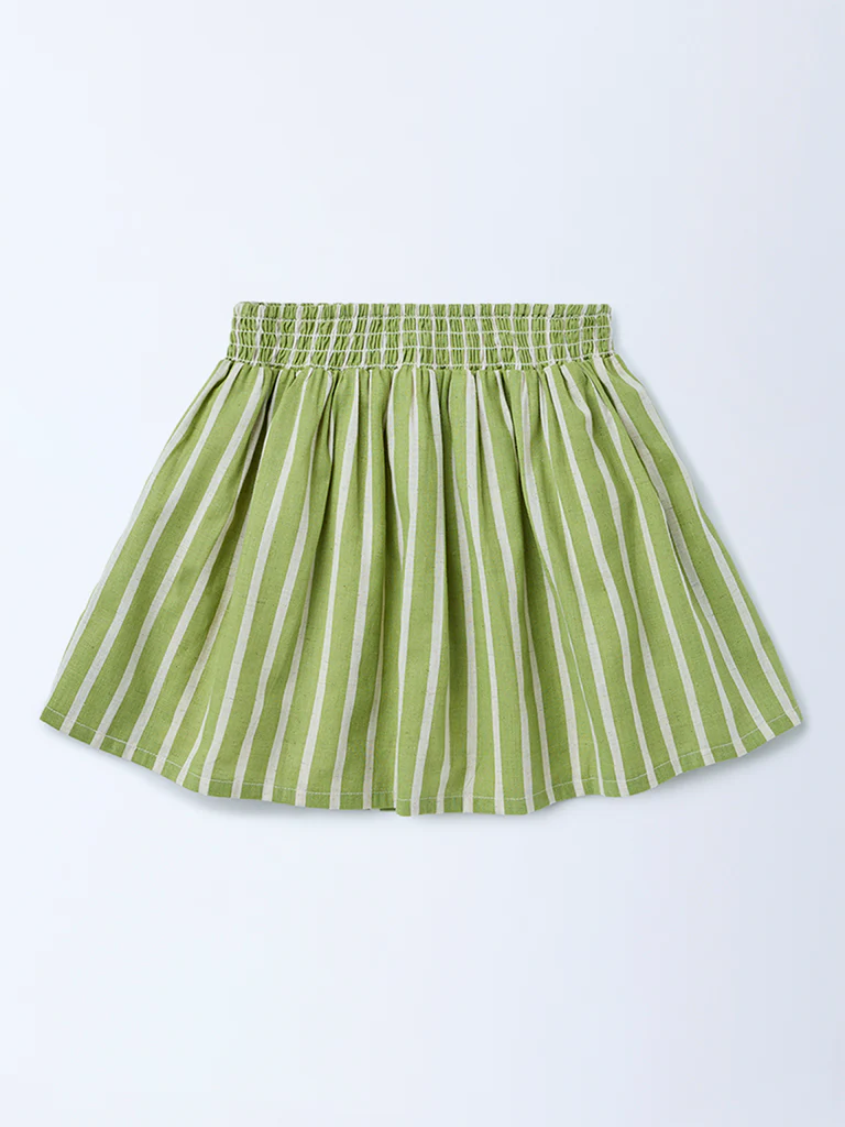 Utsa Kids Girls Sage Green Striped Fit-and-Flare Cotton-Blend Skirt - (2-8 yrs) - Image 4