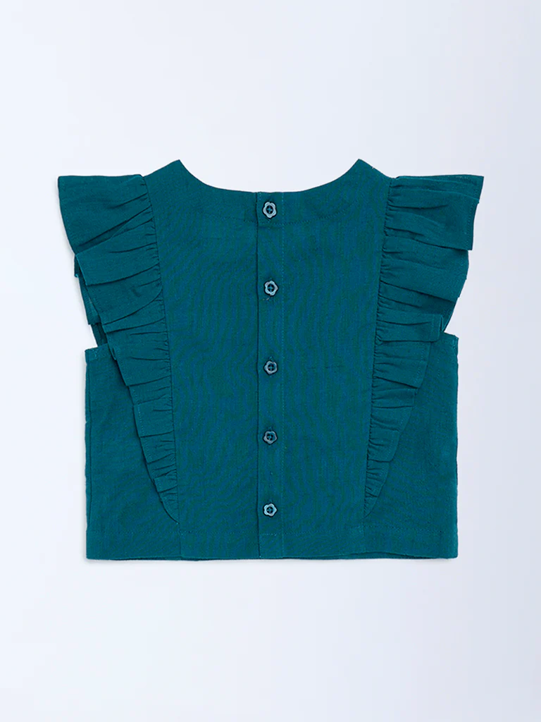 Utsa Kids Girls Teal Floral Embroidered Cotton-Blend Top - (2-8 yrs) - Image 2