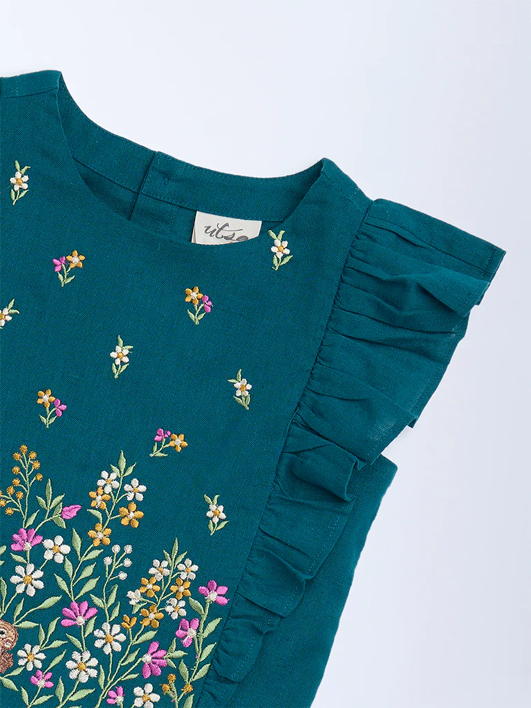 Utsa Kids Girls Teal Floral Embroidered Cotton-Blend Top - (2-8 yrs) - Image 3