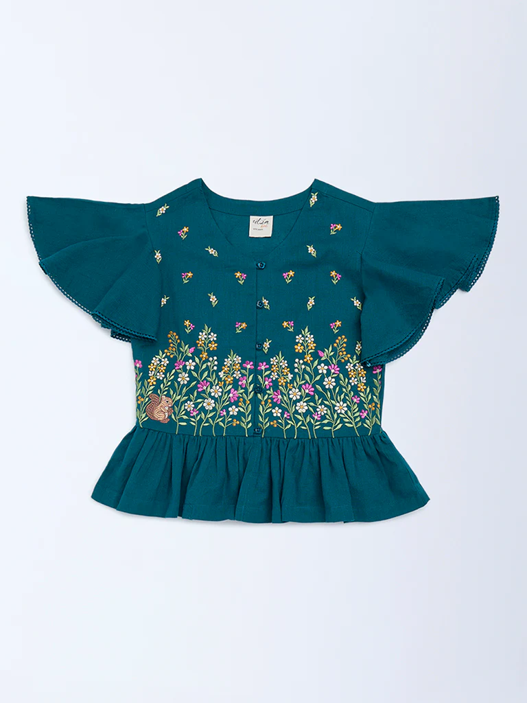 Utsa Kids Girls Teal Floral Embroidered Peplum Cotton-Blend Top - (8-14 yrs)
