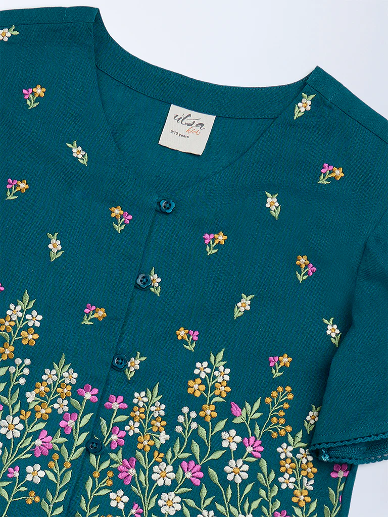 Utsa Kids Girls Teal Floral Embroidered Peplum Cotton-Blend Top - (8-14 yrs) - Image 3