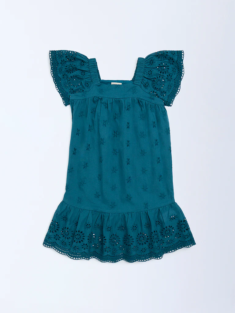 Utsa Kids Girls Teal Schiffli Drop-Waist Cotton Dress (2-8 yrs)