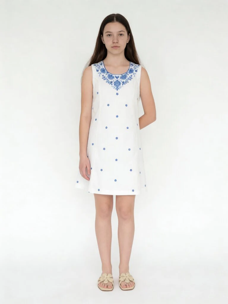 Utsa Kids Girls White Embroidered A-Line Cotton Dress - (8-14 yrs)