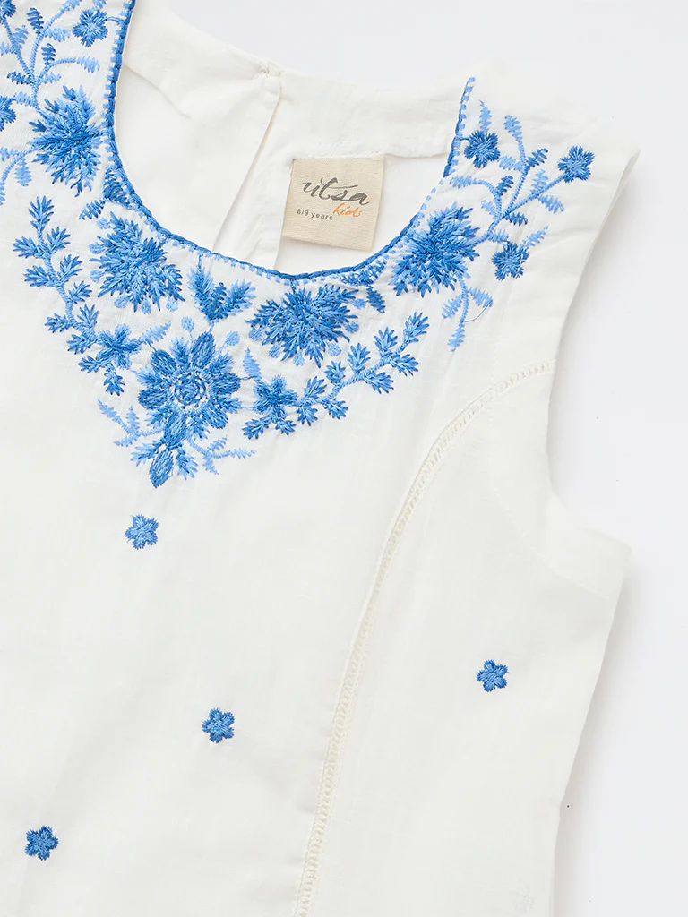 Utsa Kids Girls White Embroidered A-Line Cotton Dress - (8-14 yrs) - Image 5