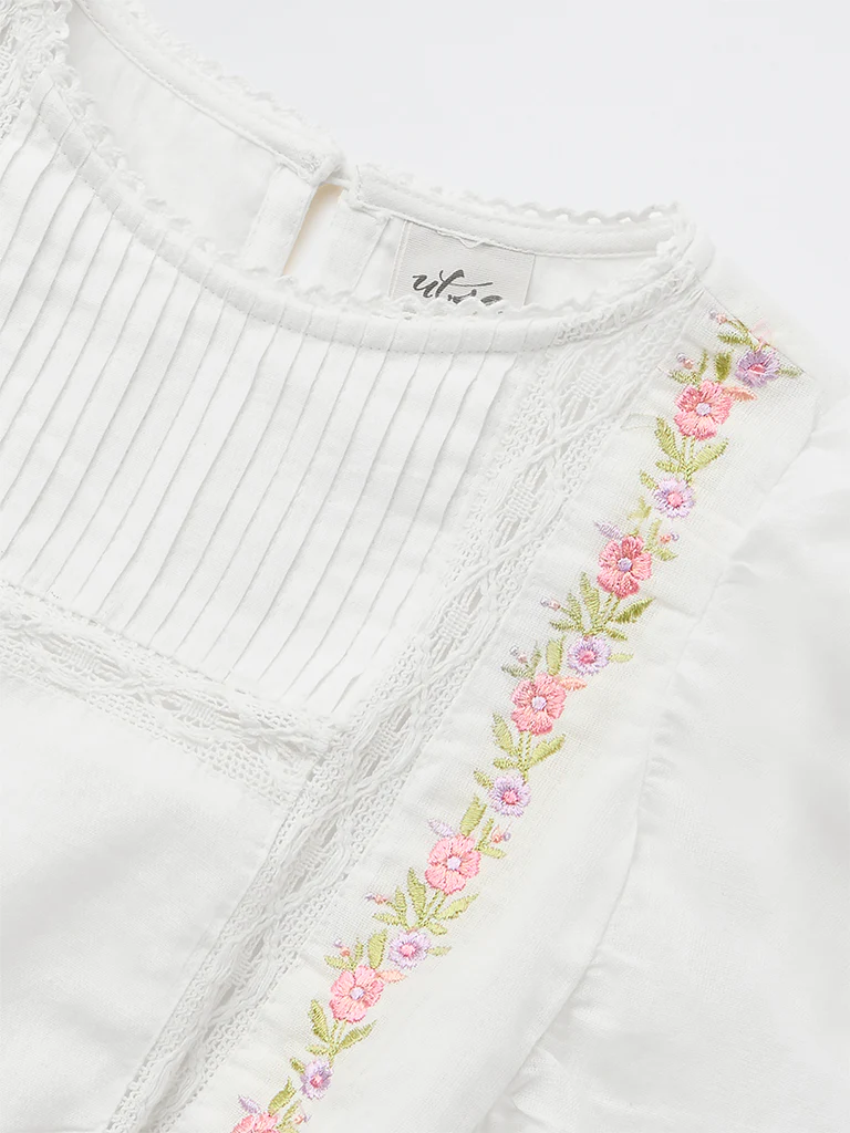 Utsa Kids Girls White Embroidered Cotton-Blend Top - (8-14 yrs) - Image 3