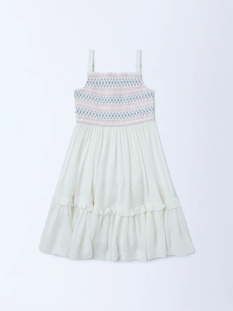 Utsa Kids Girls White Embroidered Fit-and-Flare Dress - (2-8 yrs) - Image 3