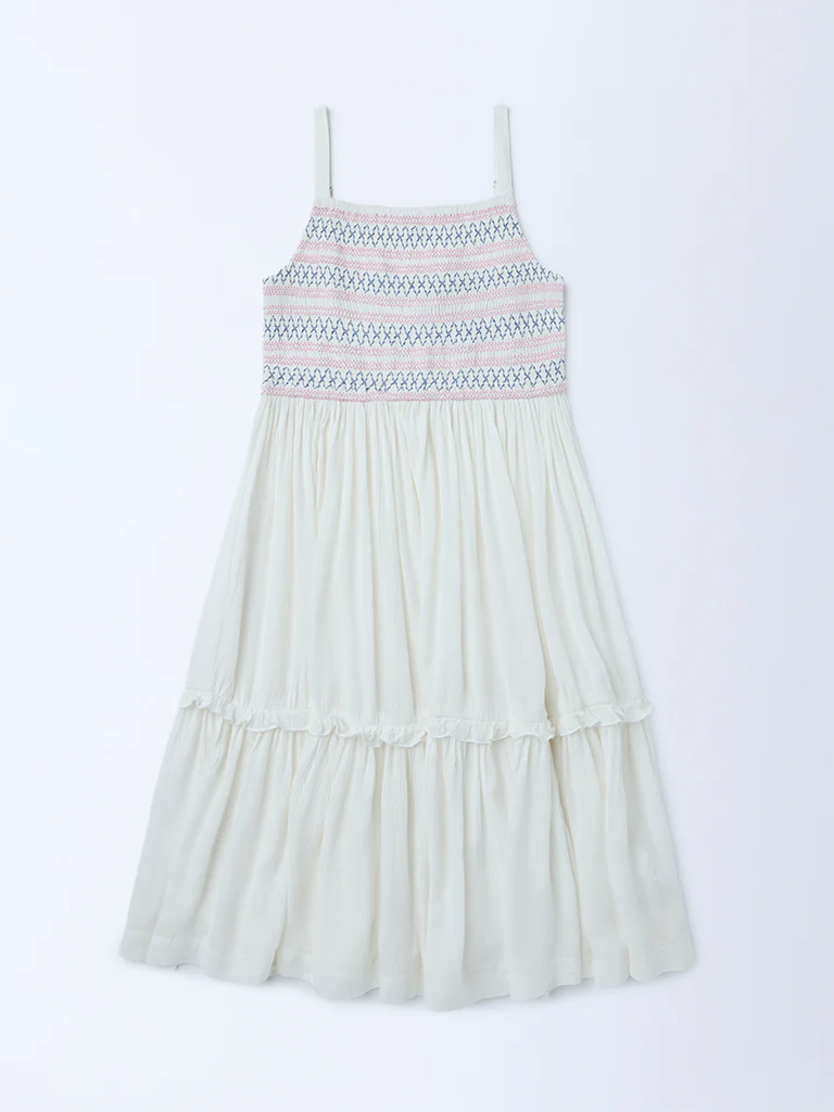 Utsa Kids Girls White Embroidered Fit-and-Flare Dress - (8-14 yrs)