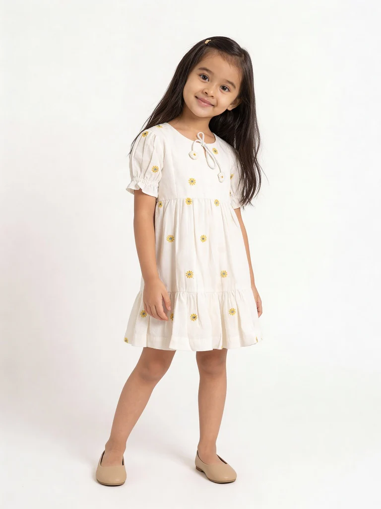 Utsa Kids Girls White Floral Embroidered Cotton-Blend Dress - (2-8 yrs)