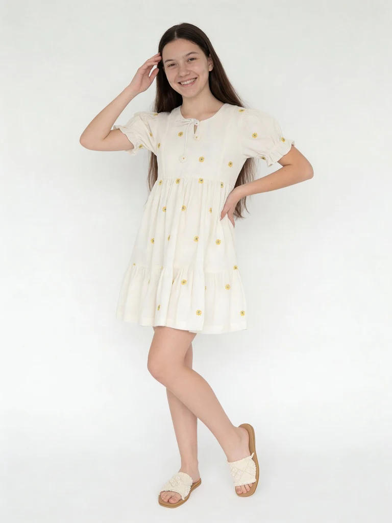 Utsa Kids Girls White Floral Embroidered Cotton-Blend Dress - (8-14 yrs)